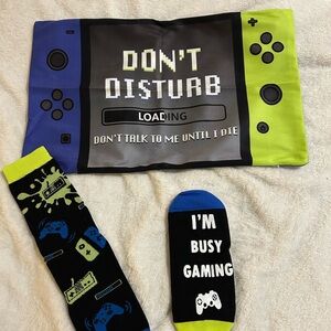 Gaming Themed Pillow and Socks Set - Black, Blue, Green